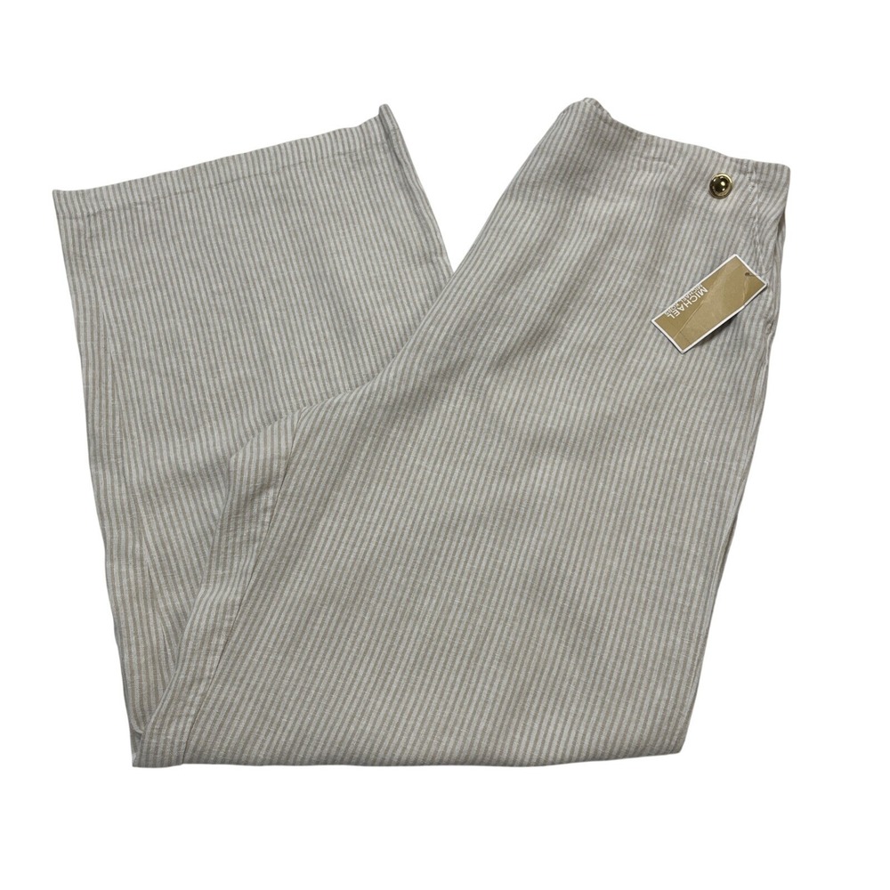 Michael Kors Linen Blend Pants Brown Striped Wide Leg Pull On Size XL Coastal‎